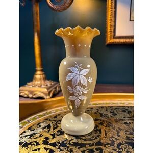 Vintage Hand-Painted Floral Glass Vase:‎ Tan Bristol Style, 7.5" Tall